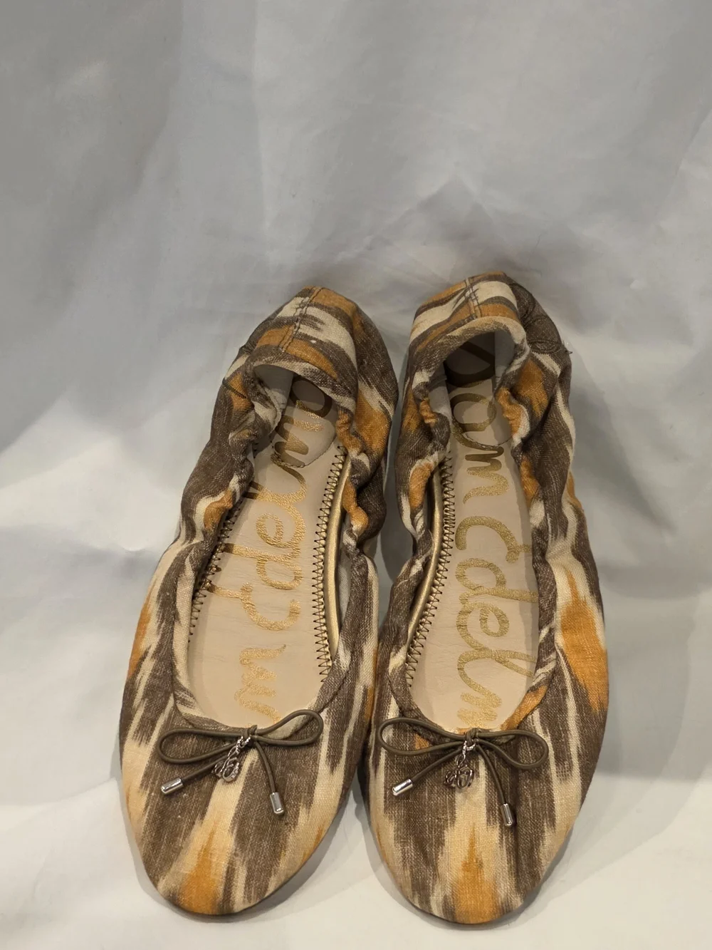 Sam Edelman Felicia Ballet Flat Brown Tan Women's 6.5 Fall Bow Charm Ikat Print